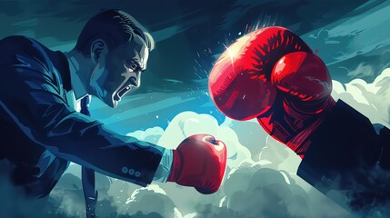 An AI-generated illustration of a businessman engaged in a intense boxing match with a looming red glove representing debt