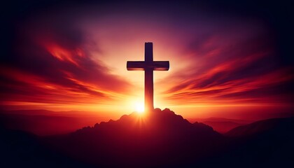 Wooden cross symbolizing the resurrection, set against the backdrop of a sunset. - obrazy, fototapety, plakaty