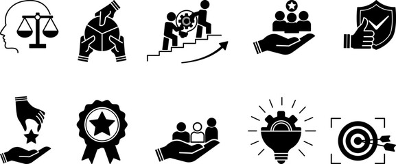 Black Set of Core Values Icons. Vector Icons Commitment, Innovation, Customers, Teamwork, Honesty, Goals, Responsibility, Reliability, Quality, and Inclusion