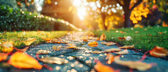 Rainy Autumn Leaves, Wet Season Beauty, Bright Water Droplets on Colorful Foliage - obrazy, fototapety, plakaty