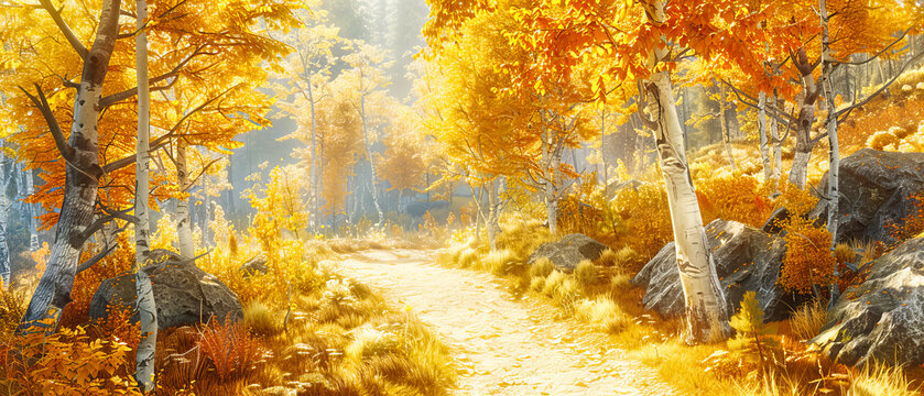 Golden Autumn Forest Path, Serene Nature Walk Among Colorful Foliage, Peaceful Scenery