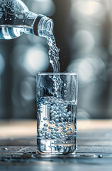 Refreshing Water Pouring into Glass on Wooden Surface with Splashes - obrazy, fototapety, plakaty