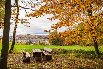 Holzbank am Waldrand unter Herbstlaub mit Blick ins Tal