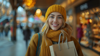 Cheerful Young Woman Shopping in Winter Apparel - obrazy, fototapety, plakaty