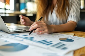 Businesswoman analyzing financial statement