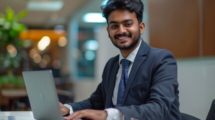 A smiling young Indian man in a suit sits in the office at a desk and works on a laptop, typing on a keyboard, texting, working with data