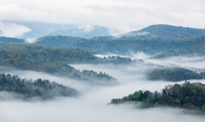 Misty mountains in morning