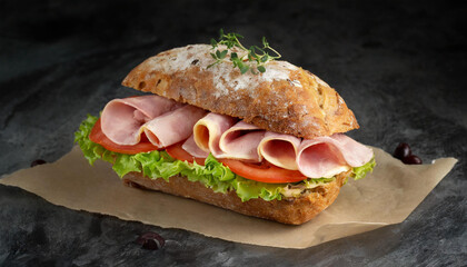 Obraz premium Lebensmittel, belegtes Brot mit gekochtem Schinken und Tomaten, KI generiert