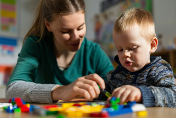 Therapist engaging with young child during educational play