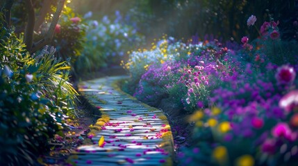 garden path with blooming flowers, beautiful spring nature