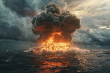Create a visual representation of the devastating power of a nuclear explosion at sea full body - obrazy, fototapety, plakaty