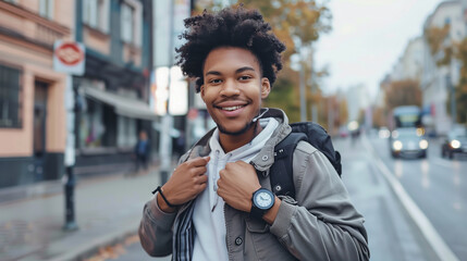 A sporty smiling young man standing on a city street checks the time after training on a smart watch on his wrist - obrazy, fototapety, plakaty