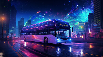 A city night bus under a starry sky, with the city's neon signs and streetlights creating a colorful HDR scene. - obrazy, fototapety, plakaty