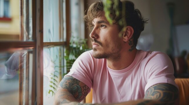 Handsome tattooed white man looking at the window with a pink shirt in a house in high resolution and high quality. thoughtful, sad, worried man concept