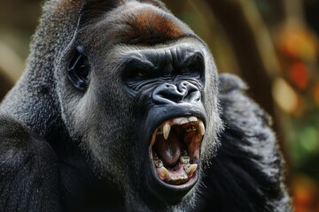 A detailed close up show of an angry male gorilla.