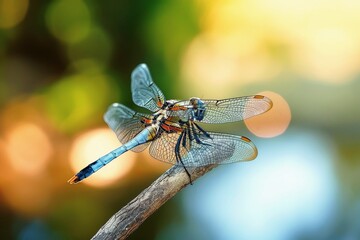 A dragonfly sitting on a branch at a pond.