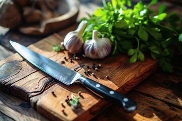A high quality kitchen knife on a wooden cutting block.