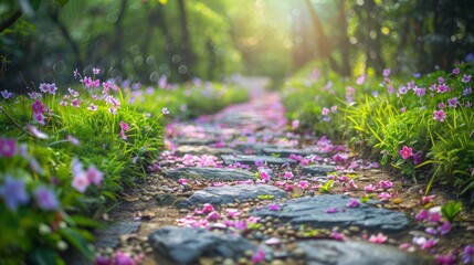 garden path with blooming flowers, beautiful spring nature