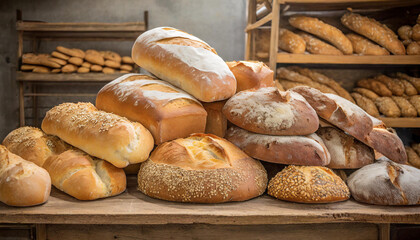 Lebensmittel, Backwaren, viele Brötchen und Brote in einer Bäckerei, KI generiert - obrazy, fototapety, plakaty