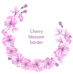 Spring sakura cherry blooming flowers wreath border. Watercolour flower round decor hand drawn illustration. Seasonal. Painted botanical floral elements. Isolated on white background. Greeting cards