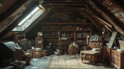 Attic filled with antiques and memorabilia creating a nostalgic and crowded space