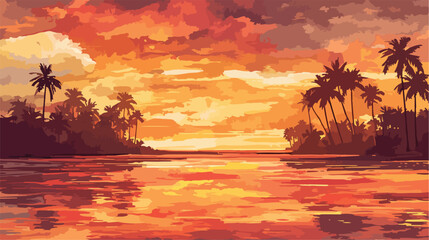 Watercolor exotic landscape of sunset at bay. Beaut