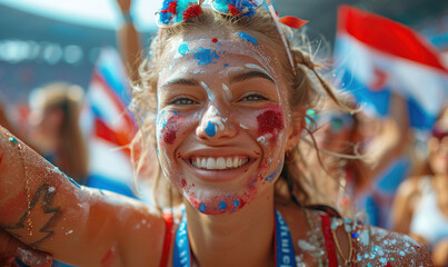 Vibrant Portrait of a Joyful Female Croatian Supporter with a Croatian Flag Painted on Her Face, Celebrating at UEFA EURO 2024 - obrazy, fototapety, plakaty