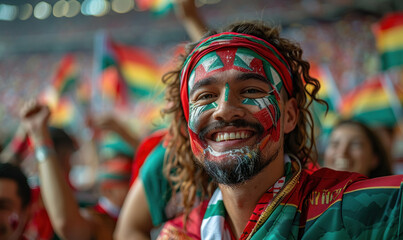 Vibrant Portrait of a Joyful male Hungary Supporter with a Hungarian Flag Painted on His Face,...