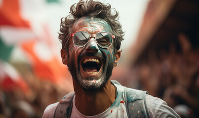 Vibrant Portrait of a Joyful male Italy Supporter with a Italian Flag Painted on His Face, Celebrating at UEFA EURO 2024 - obrazy, fototapety, plakaty