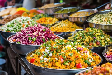 colorful array of Indian spicy street food chaat masala - obrazy, fototapety, plakaty