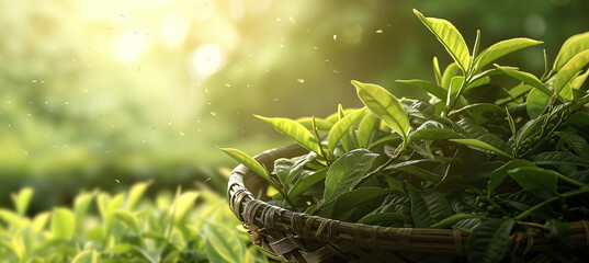 freshly picked tea leaves in a wicker basket against the background of a tea plantation - obrazy, fototapety, plakaty