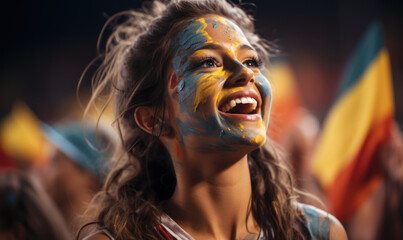 Vibrant Portrait of a Joyful Female Romania Supporter with a Romanian Flag Painted on Her Face, Celebrating at UEFA EURO 2024 - obrazy, fototapety, plakaty