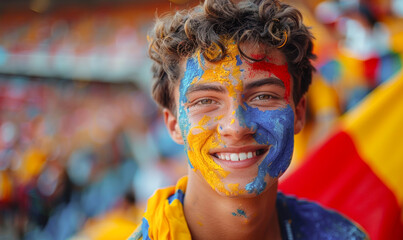 Fototapeta premium Vibrant Portrait of a Joyful male Romania Supporter with a Romanian Flag Painted on His Face, Celebrating at UEFA EURO 2024