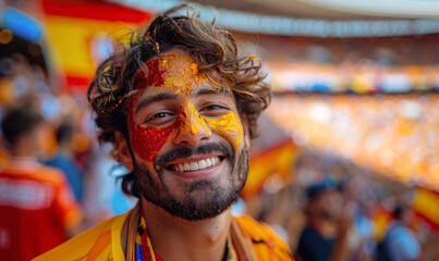 Vibrant Portrait of a Joyful male Spain Supporter with a Spanish Flag Painted on His Face, Celebrating at UEFA EURO 2024 - obrazy, fototapety, plakaty
