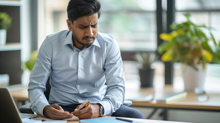 
A young Indian businessman is suffering from severe stomach pain. Sitting in the office at the desk and holding hands, bent and grimacing in discomfort - obrazy, fototapety, plakaty