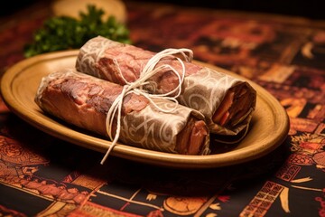 Refined kebab in a clay dish against a patterned gift wrap paper background