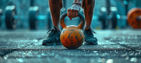 the athlete's hand lifts the kettlebell from the floor