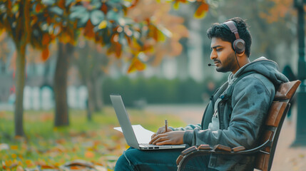 A young Indian man sits outside on a bench with a laptop and headphones, talks on a video call, takes notes, explains