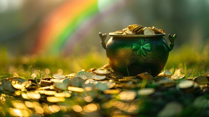 St. Patrick's Day and the Leprechaun coin jar concept, with a rainbow on the green space indicating where the leprechaun hides the treasure. Patron saint of Ireland
