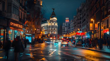 Fototapeten A photo of the streets of Madrid, with historical buildings as the background, during a lively night © VirtualCreatures