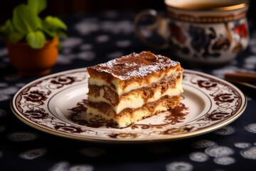 Refined tiramisu on a rustic plate against a patterned gift wrap paper background