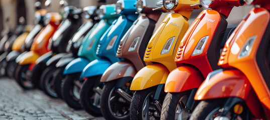 row of scooters of different colors - obrazy, fototapety, plakaty