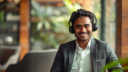 Cheerful indian businessman using headset in modern office space