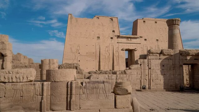 Ancient Egyptian temple in Edfu. Edfu also spelt Idfu, and known in antiquity as Behdet. Edfu is the site of the Ptolemaic Temple of Horus and an ancient settlement. Egypt.