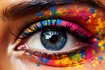 Close-up of woman's eye with holi powder colors