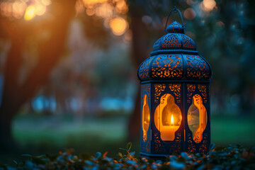 Ornamental Arabic lantern with burning candle glowing at night - obrazy, fototapety, plakaty