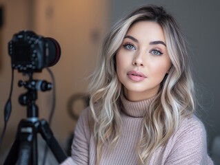 A beauty blogger filming a tutorial video, demonstrating a makeup technique