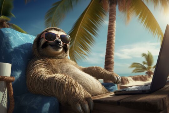 Sun-soaked Sloth freelancer beach. Working mammal. Generate Ai