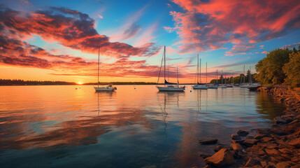 A coastal waterway in HDR, showing a vibrant sunset with sailboats anchored in the bay, and the sky's warm hues reflected in the calm waters.