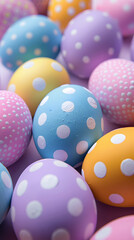 Close-up of colorful Easter eggs with polka dots. Easter decoration. Easter concept.